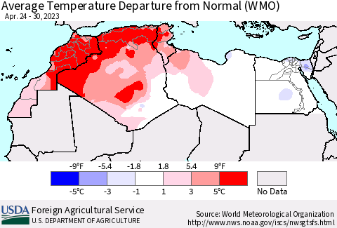 North Africa Average Temperature Departure from Normal (WMO) Thematic Map For 4/24/2023 - 4/30/2023