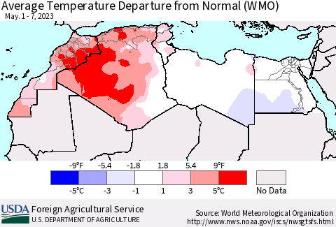North Africa Average Temperature Departure from Normal (WMO) Thematic Map For 5/1/2023 - 5/7/2023