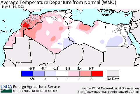 North Africa Average Temperature Departure from Normal (WMO) Thematic Map For 5/8/2023 - 5/14/2023