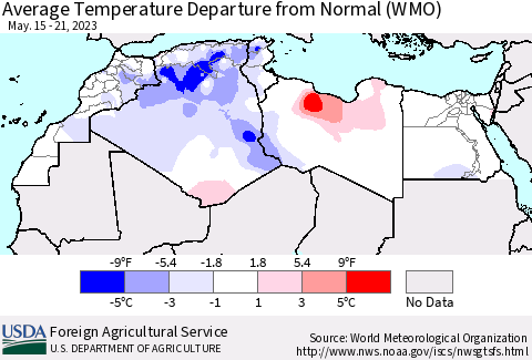 North Africa Average Temperature Departure from Normal (WMO) Thematic Map For 5/15/2023 - 5/21/2023