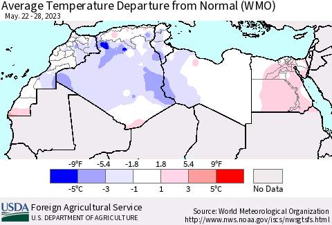North Africa Average Temperature Departure from Normal (WMO) Thematic Map For 5/22/2023 - 5/28/2023