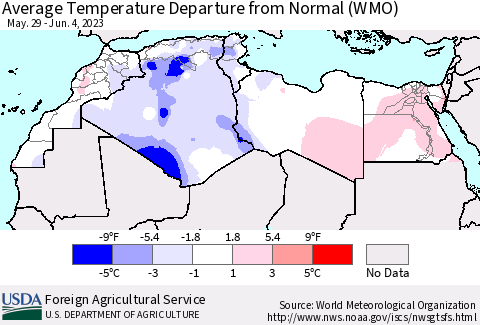North Africa Average Temperature Departure from Normal (WMO) Thematic Map For 5/29/2023 - 6/4/2023