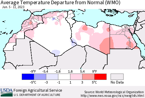 North Africa Average Temperature Departure from Normal (WMO) Thematic Map For 6/5/2023 - 6/11/2023