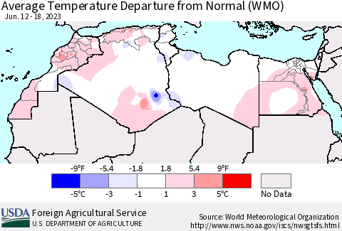 North Africa Average Temperature Departure from Normal (WMO) Thematic Map For 6/12/2023 - 6/18/2023