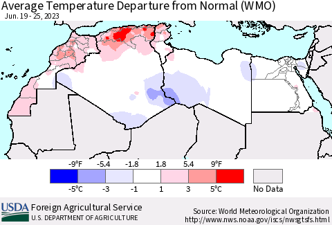 North Africa Average Temperature Departure from Normal (WMO) Thematic Map For 6/19/2023 - 6/25/2023