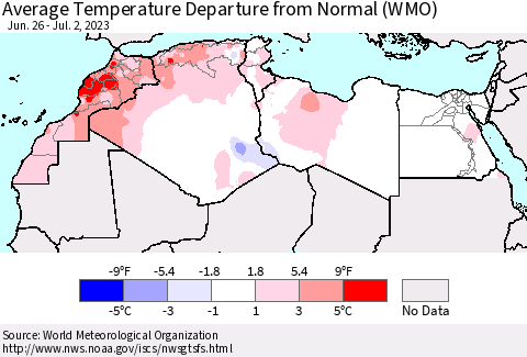 North Africa Average Temperature Departure from Normal (WMO) Thematic Map For 6/26/2023 - 7/2/2023