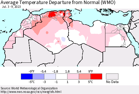 North Africa Average Temperature Departure from Normal (WMO) Thematic Map For 7/3/2023 - 7/9/2023