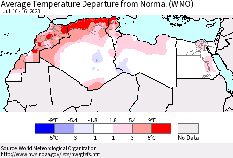 North Africa Average Temperature Departure from Normal (WMO) Thematic Map For 7/10/2023 - 7/16/2023
