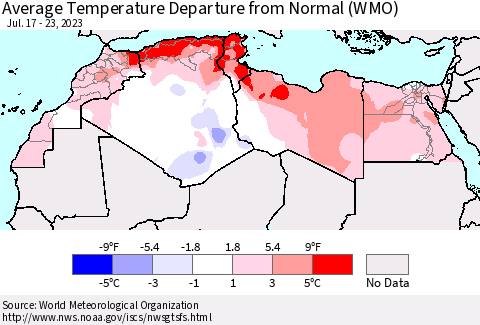 North Africa Average Temperature Departure from Normal (WMO) Thematic Map For 7/17/2023 - 7/23/2023