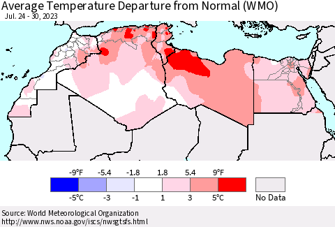 North Africa Average Temperature Departure from Normal (WMO) Thematic Map For 7/24/2023 - 7/30/2023