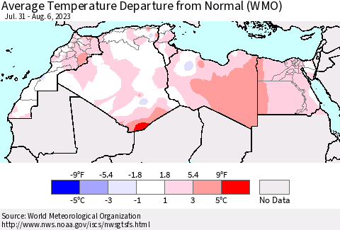 North Africa Average Temperature Departure from Normal (WMO) Thematic Map For 7/31/2023 - 8/6/2023