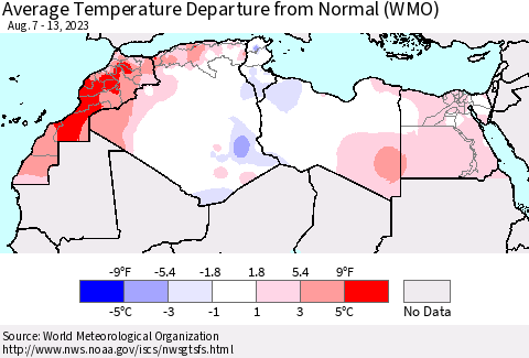 North Africa Average Temperature Departure from Normal (WMO) Thematic Map For 8/7/2023 - 8/13/2023