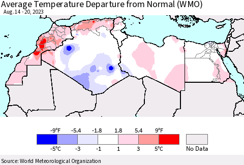 North Africa Average Temperature Departure from Normal (WMO) Thematic Map For 8/14/2023 - 8/20/2023