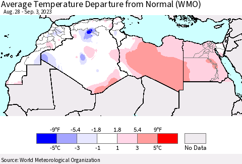 North Africa Average Temperature Departure from Normal (WMO) Thematic Map For 8/28/2023 - 9/3/2023