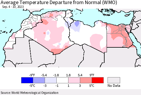 North Africa Average Temperature Departure from Normal (WMO) Thematic Map For 9/4/2023 - 9/10/2023