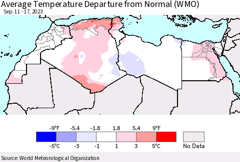North Africa Average Temperature Departure from Normal (WMO) Thematic Map For 9/11/2023 - 9/17/2023
