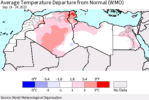 North Africa Average Temperature Departure from Normal (WMO) Thematic Map For 9/18/2023 - 9/24/2023
