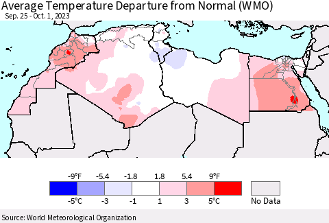 North Africa Average Temperature Departure from Normal (WMO) Thematic Map For 9/25/2023 - 10/1/2023