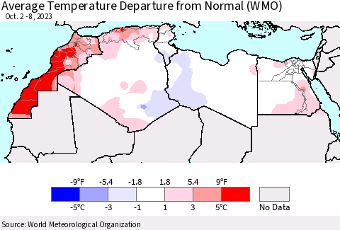 North Africa Average Temperature Departure from Normal (WMO) Thematic Map For 10/2/2023 - 10/8/2023