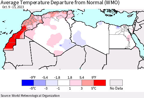 North Africa Average Temperature Departure from Normal (WMO) Thematic Map For 10/9/2023 - 10/15/2023