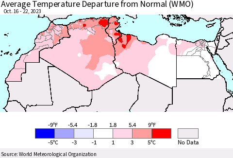 North Africa Average Temperature Departure from Normal (WMO) Thematic Map For 10/16/2023 - 10/22/2023