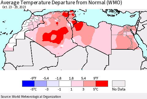 North Africa Average Temperature Departure from Normal (WMO) Thematic Map For 10/23/2023 - 10/29/2023