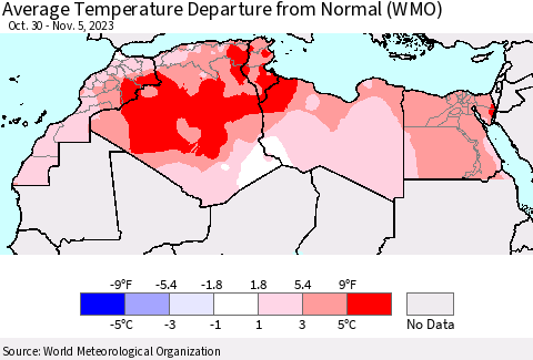 North Africa Average Temperature Departure from Normal (WMO) Thematic Map For 10/30/2023 - 11/5/2023