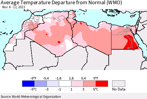 North Africa Average Temperature Departure from Normal (WMO) Thematic Map For 11/6/2023 - 11/12/2023
