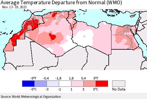 North Africa Average Temperature Departure from Normal (WMO) Thematic Map For 11/13/2023 - 11/19/2023