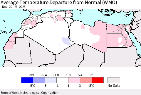 North Africa Average Temperature Departure from Normal (WMO) Thematic Map For 11/20/2023 - 11/26/2023