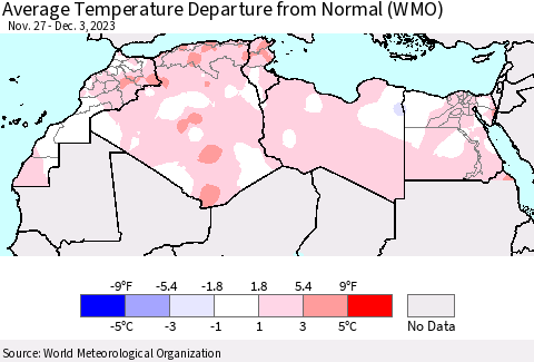 North Africa Average Temperature Departure from Normal (WMO) Thematic Map For 11/27/2023 - 12/3/2023