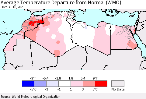 North Africa Average Temperature Departure from Normal (WMO) Thematic Map For 12/4/2023 - 12/10/2023