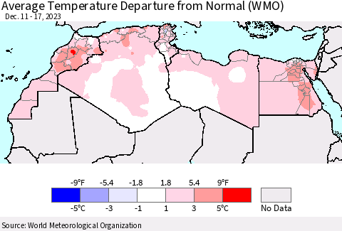 North Africa Average Temperature Departure from Normal (WMO) Thematic Map For 12/11/2023 - 12/17/2023