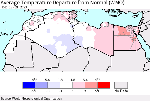 North Africa Average Temperature Departure from Normal (WMO) Thematic Map For 12/18/2023 - 12/24/2023