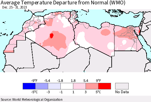 North Africa Average Temperature Departure from Normal (WMO) Thematic Map For 12/25/2023 - 12/31/2023