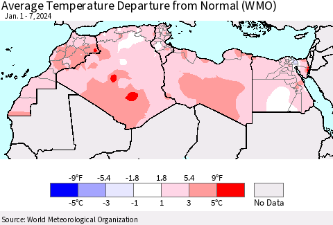 North Africa Average Temperature Departure from Normal (WMO) Thematic Map For 1/1/2024 - 1/7/2024