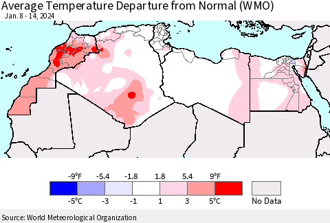 North Africa Average Temperature Departure from Normal (WMO) Thematic Map For 1/8/2024 - 1/14/2024