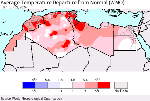 North Africa Average Temperature Departure from Normal (WMO) Thematic Map For 1/15/2024 - 1/21/2024