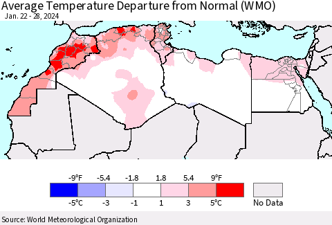 North Africa Average Temperature Departure from Normal (WMO) Thematic Map For 1/22/2024 - 1/28/2024