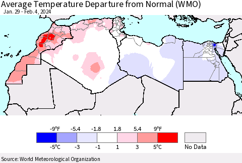 North Africa Average Temperature Departure from Normal (WMO) Thematic Map For 1/29/2024 - 2/4/2024