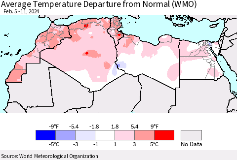 North Africa Average Temperature Departure from Normal (WMO) Thematic Map For 2/5/2024 - 2/11/2024
