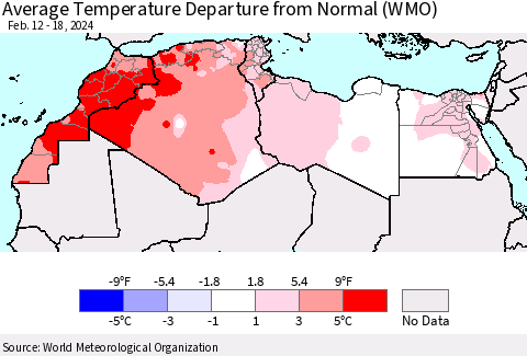 North Africa Average Temperature Departure from Normal (WMO) Thematic Map For 2/12/2024 - 2/18/2024