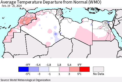 North Africa Average Temperature Departure from Normal (WMO) Thematic Map For 2/19/2024 - 2/25/2024