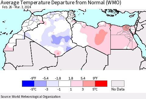 North Africa Average Temperature Departure from Normal (WMO) Thematic Map For 2/26/2024 - 3/3/2024