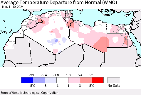North Africa Average Temperature Departure from Normal (WMO) Thematic Map For 3/4/2024 - 3/10/2024