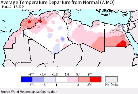 North Africa Average Temperature Departure from Normal (WMO) Thematic Map For 3/11/2024 - 3/17/2024