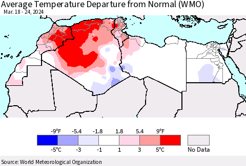 North Africa Average Temperature Departure from Normal (WMO) Thematic Map For 3/18/2024 - 3/24/2024