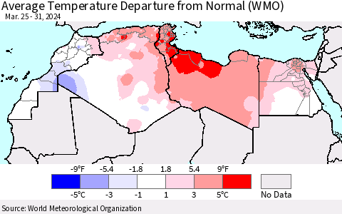 North Africa Average Temperature Departure from Normal (WMO) Thematic Map For 3/25/2024 - 3/31/2024