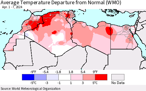 North Africa Average Temperature Departure from Normal (WMO) Thematic Map For 4/1/2024 - 4/7/2024