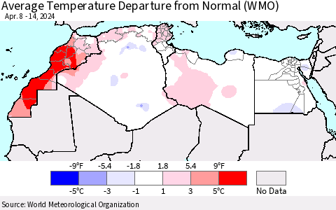 North Africa Average Temperature Departure from Normal (WMO) Thematic Map For 4/8/2024 - 4/14/2024